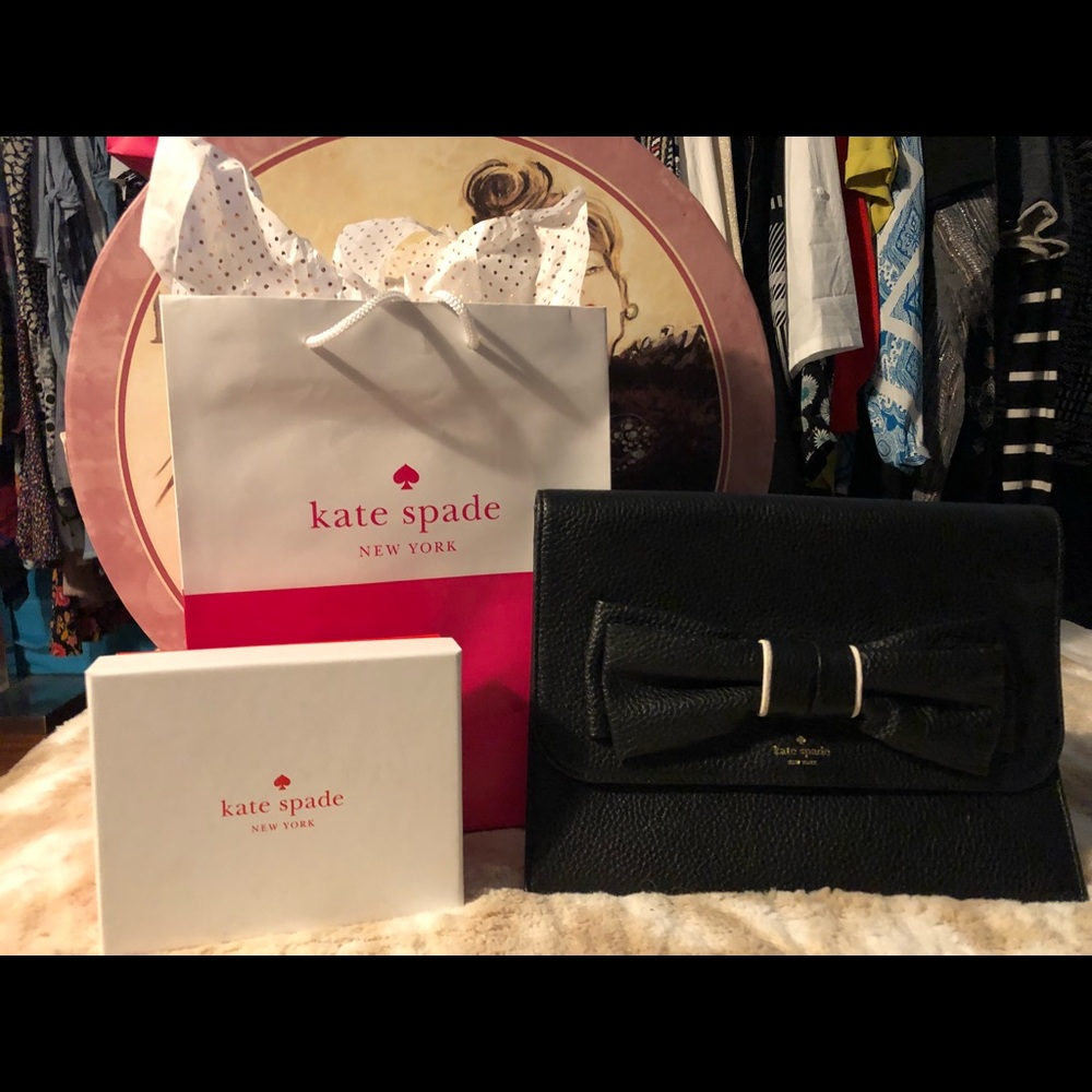 Kate spade leather black envelope clutch with bow